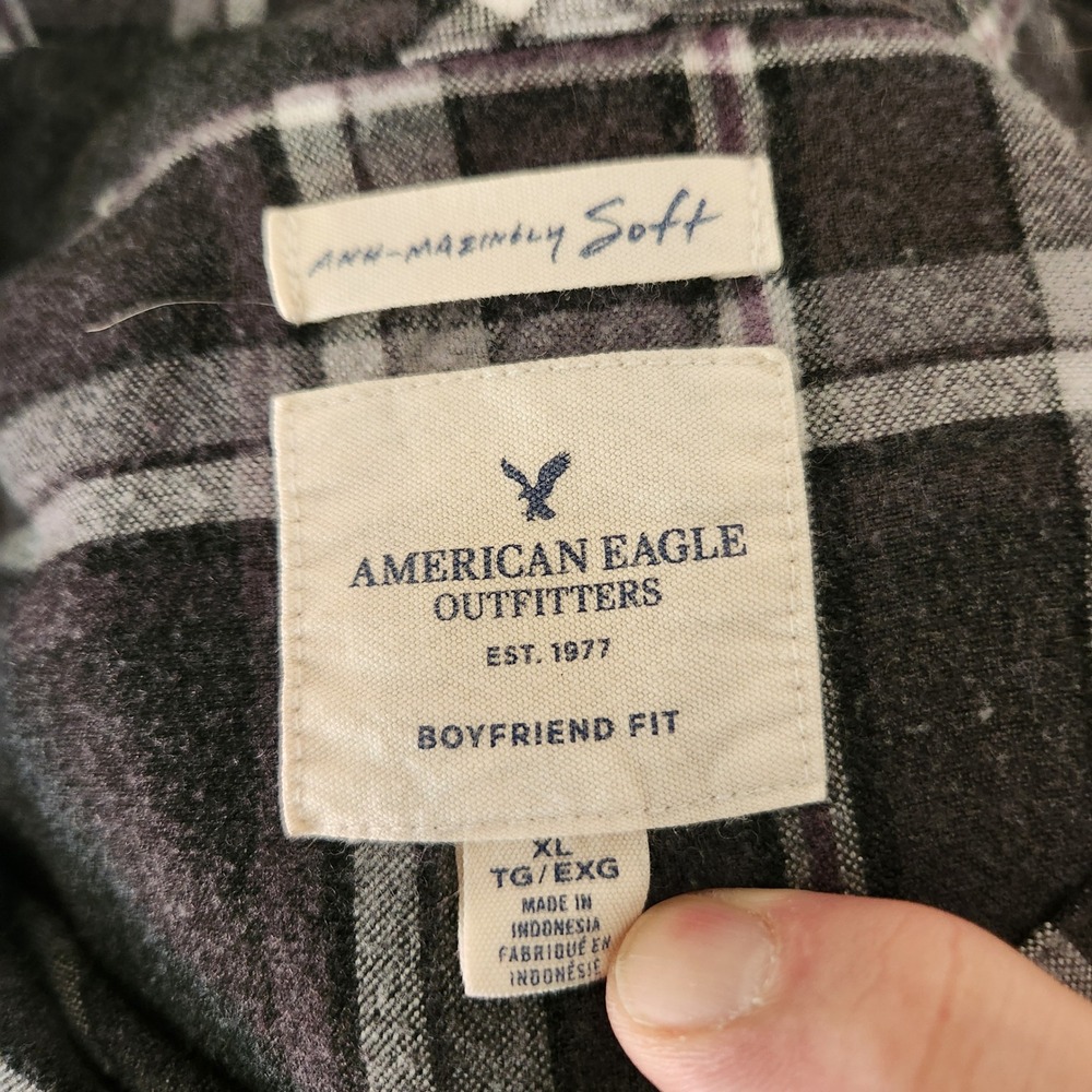 American Eagle Outfitters Boyfriend Fit Plaid Shirt Gray XL Ahh-mazingly Soft - Picture 3 of 5